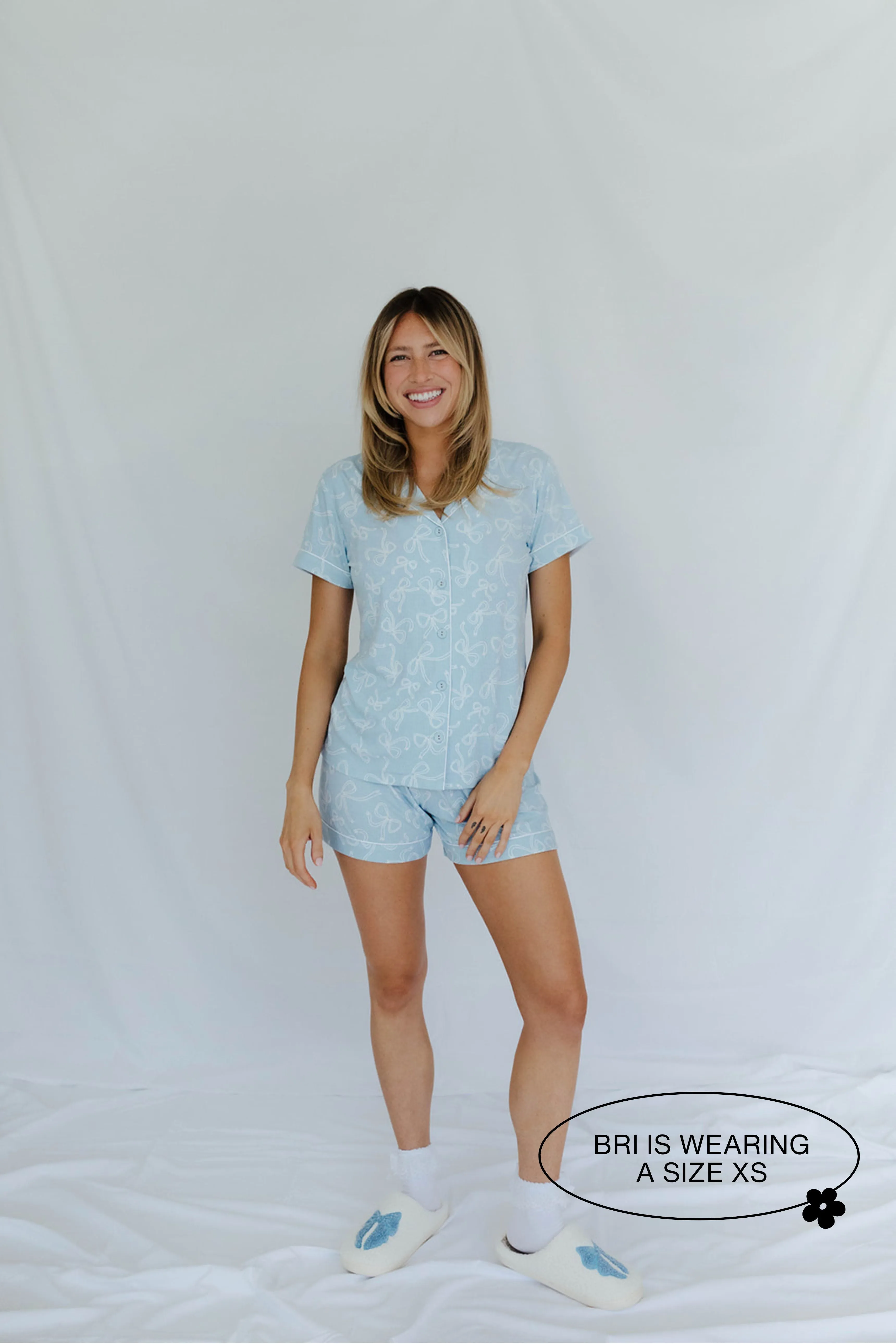 Blue Bow Ribbed Short Pajama Set