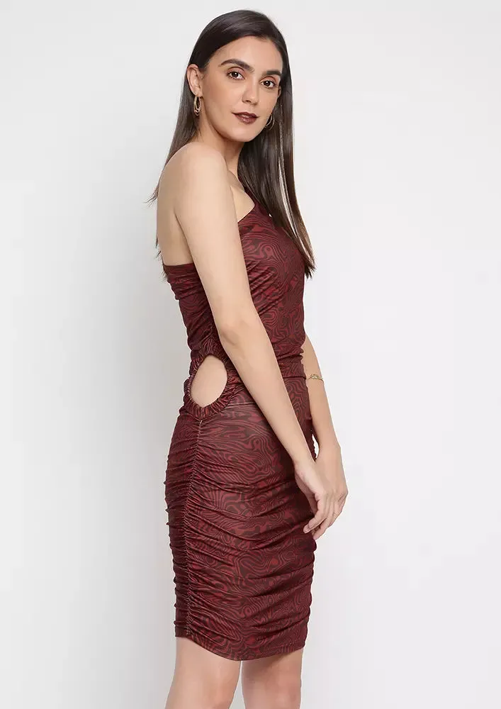 Brown Marble Print One Shoulder Bodycon Mini Dress
