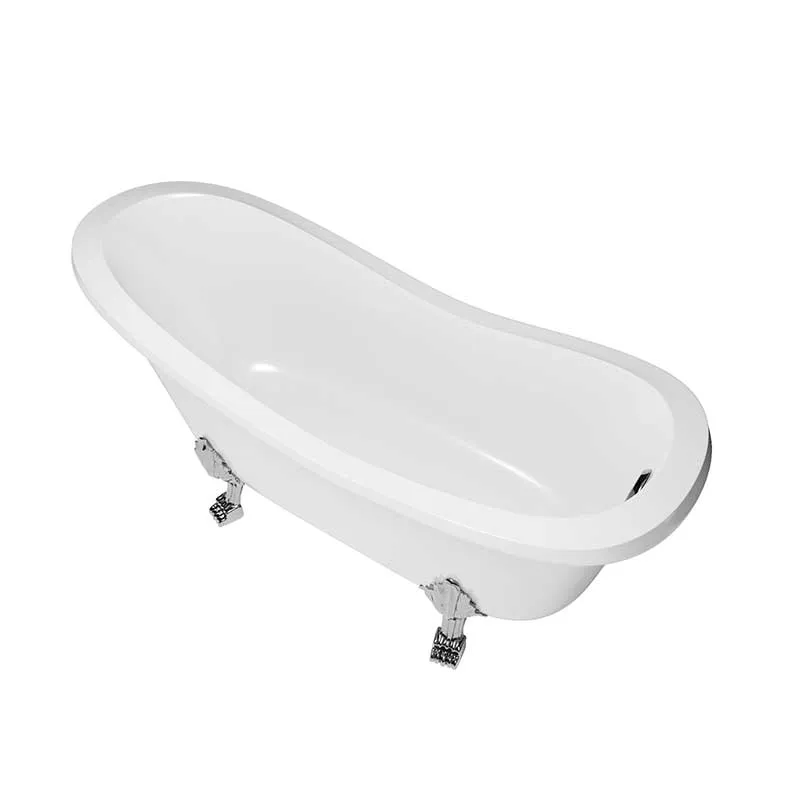 Cambridge Plumbing Dolomite Mineral Composite Clawfoot Slipper Tub with Polished Chrome Feet and Drain Assembly 66 x 30