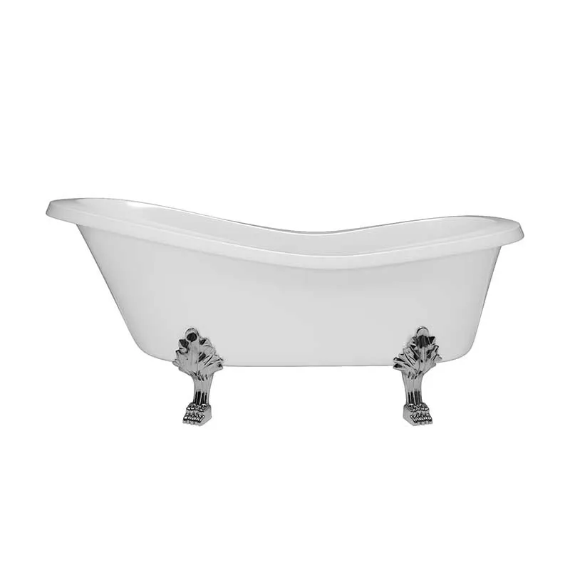 Cambridge Plumbing Dolomite Mineral Composite Clawfoot Slipper Tub with Polished Chrome Feet and Drain Assembly 66 x 30
