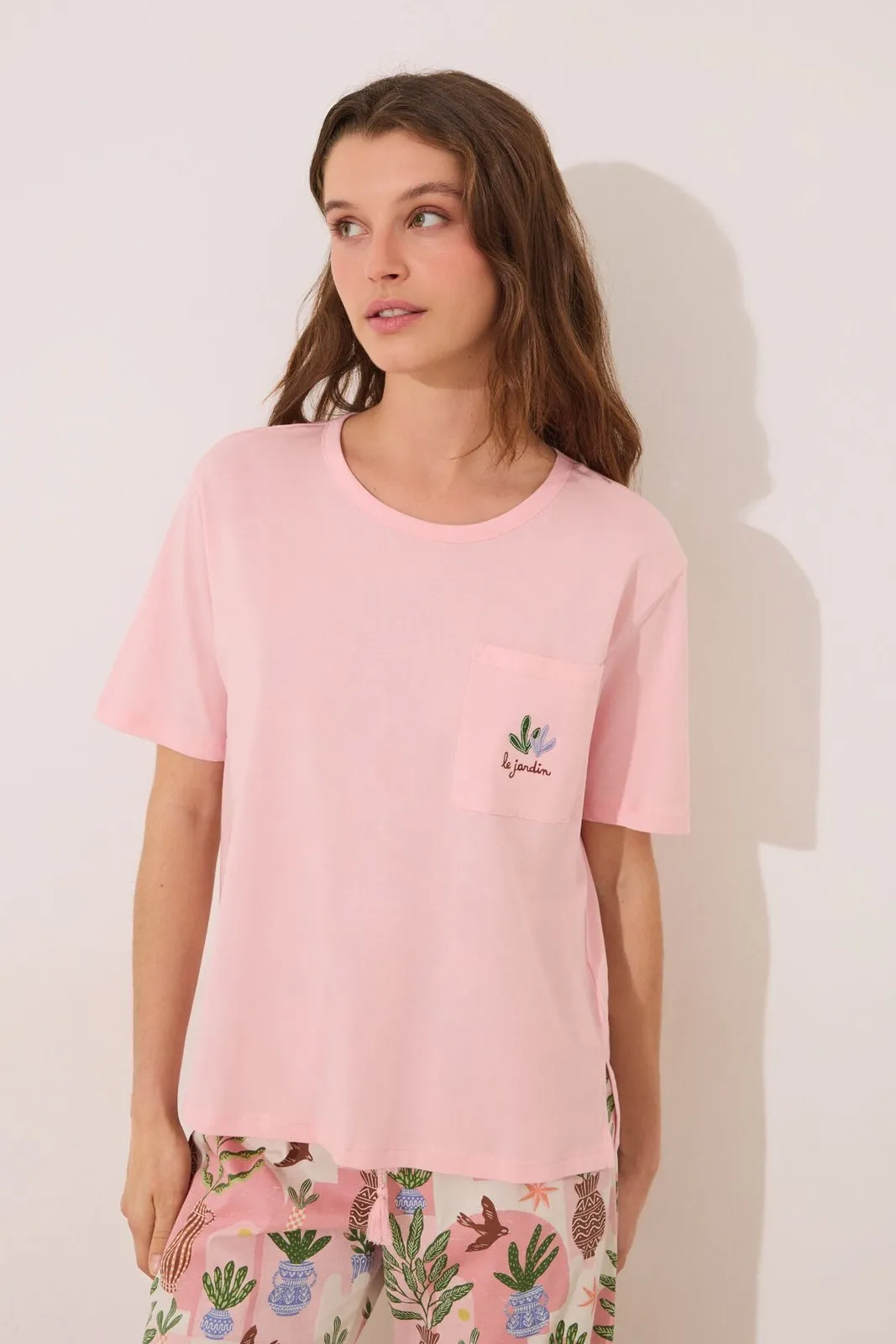 Capri pyjamas 100% cotton pink flower pots - Pink
