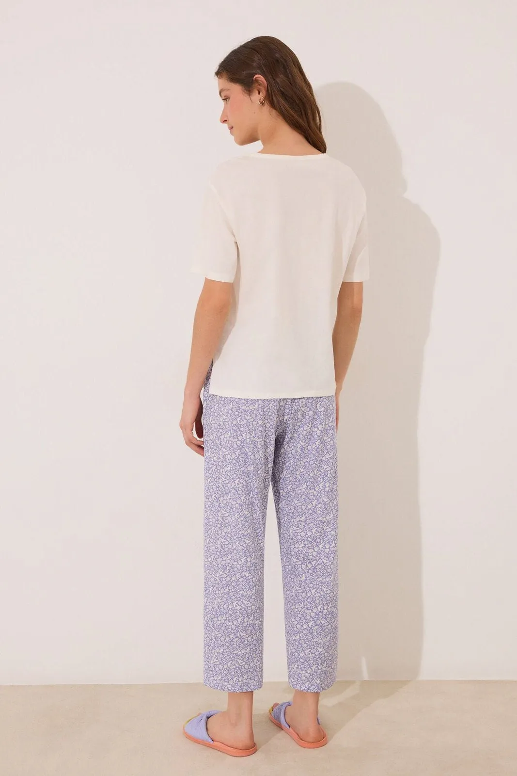 Capri pyjamas 100% cotton white flowers - Ivory