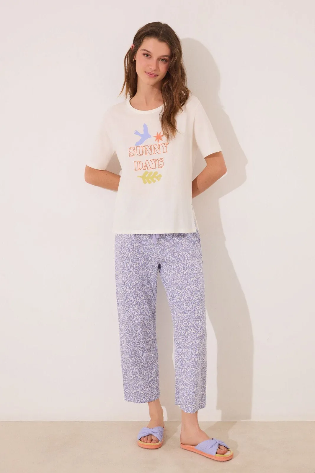 Capri pyjamas 100% cotton white flowers - Ivory