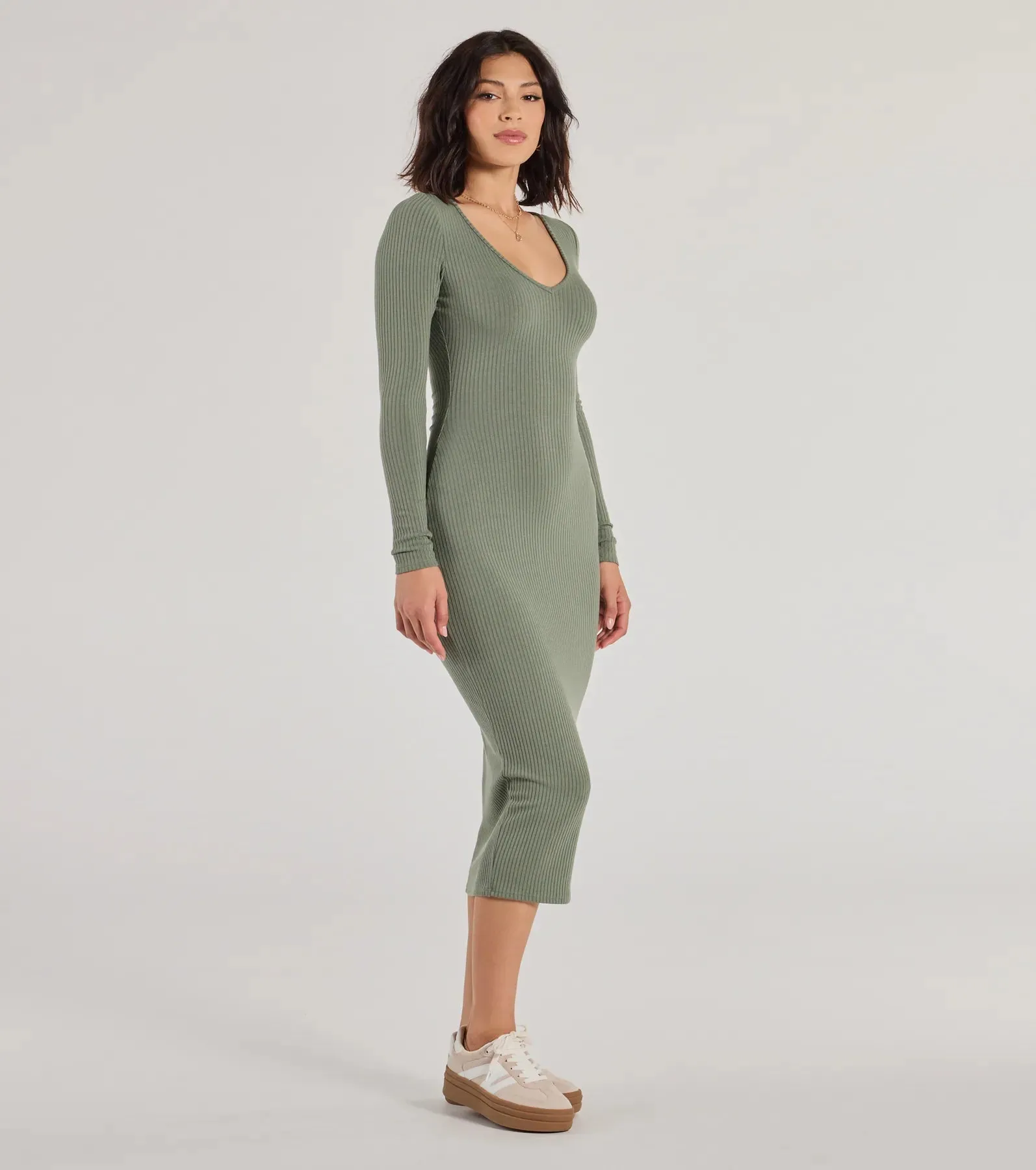 Casual Chic Style Long Sleeve Ribbed Knit Midi Dress
