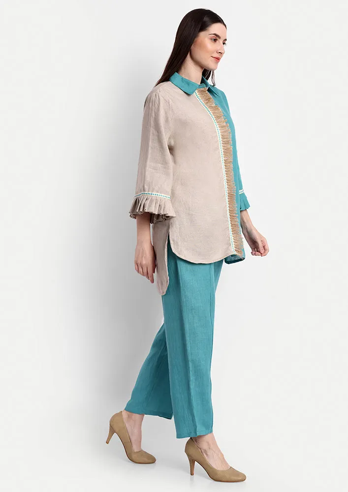 Colorblock Linen High-low Shirt With Straight Pants Set