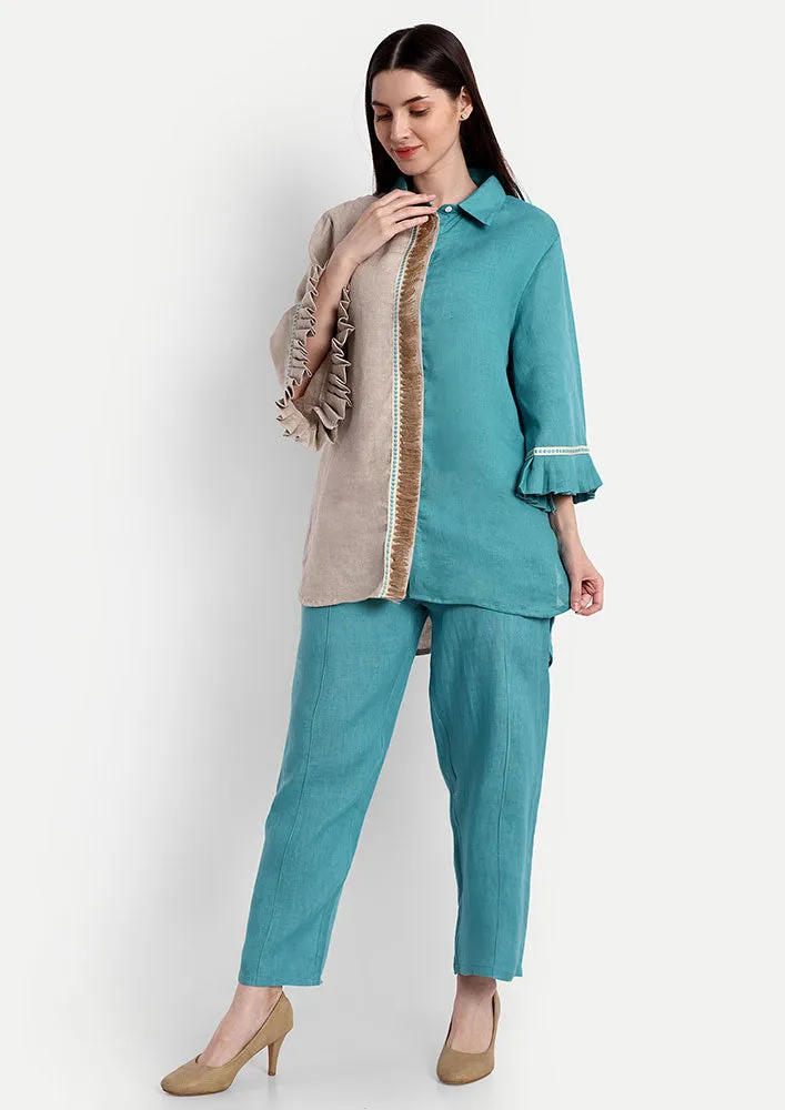 Colorblock Linen High-low Shirt With Straight Pants Set