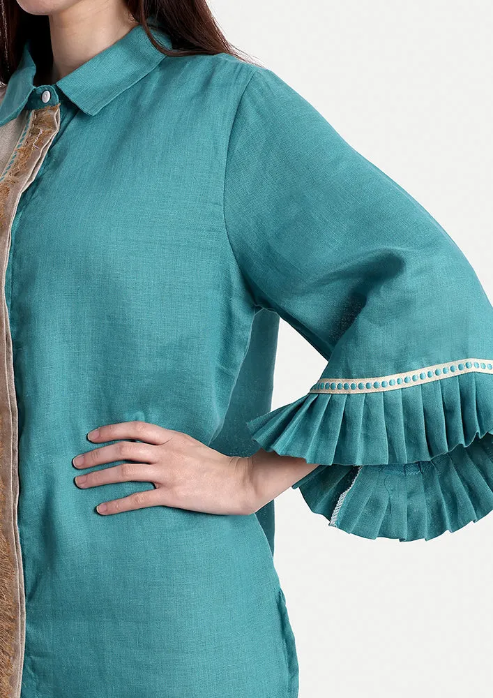 Colorblock Linen High-low Shirt With Straight Pants Set