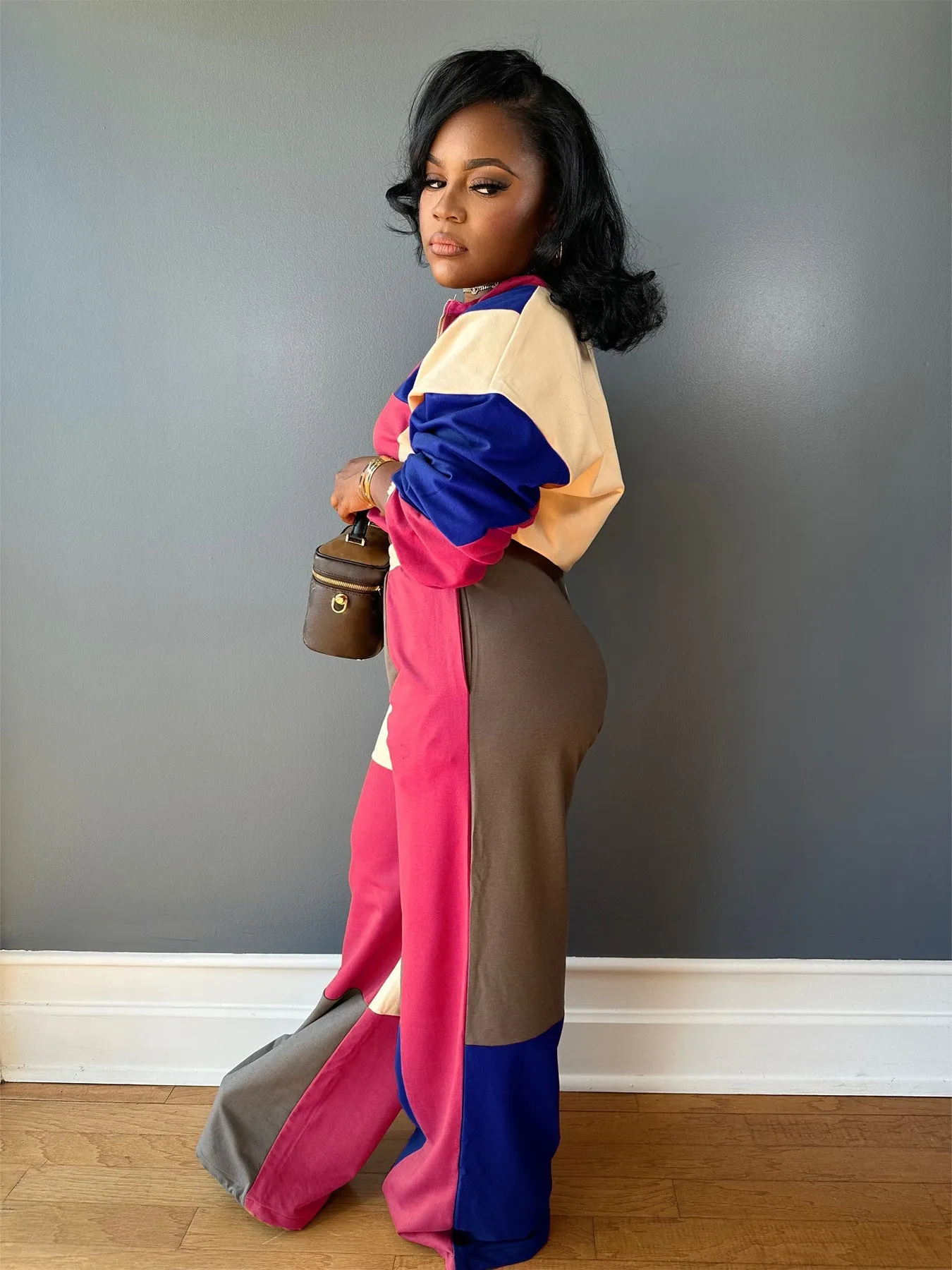 Colorblocked Zipper Pullover and Wide-Leg Pants Two-Piece Set