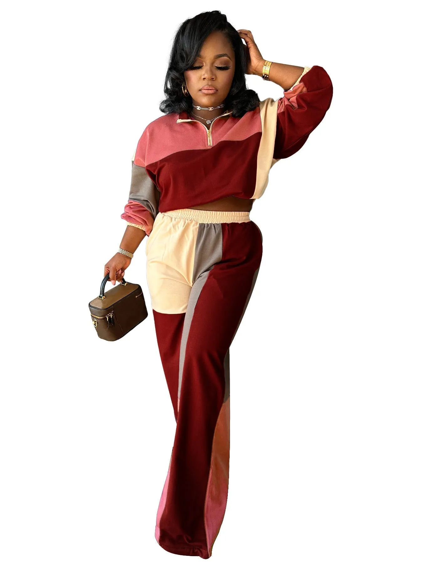 Colorblocked Zipper Pullover and Wide-Leg Pants Two-Piece Set