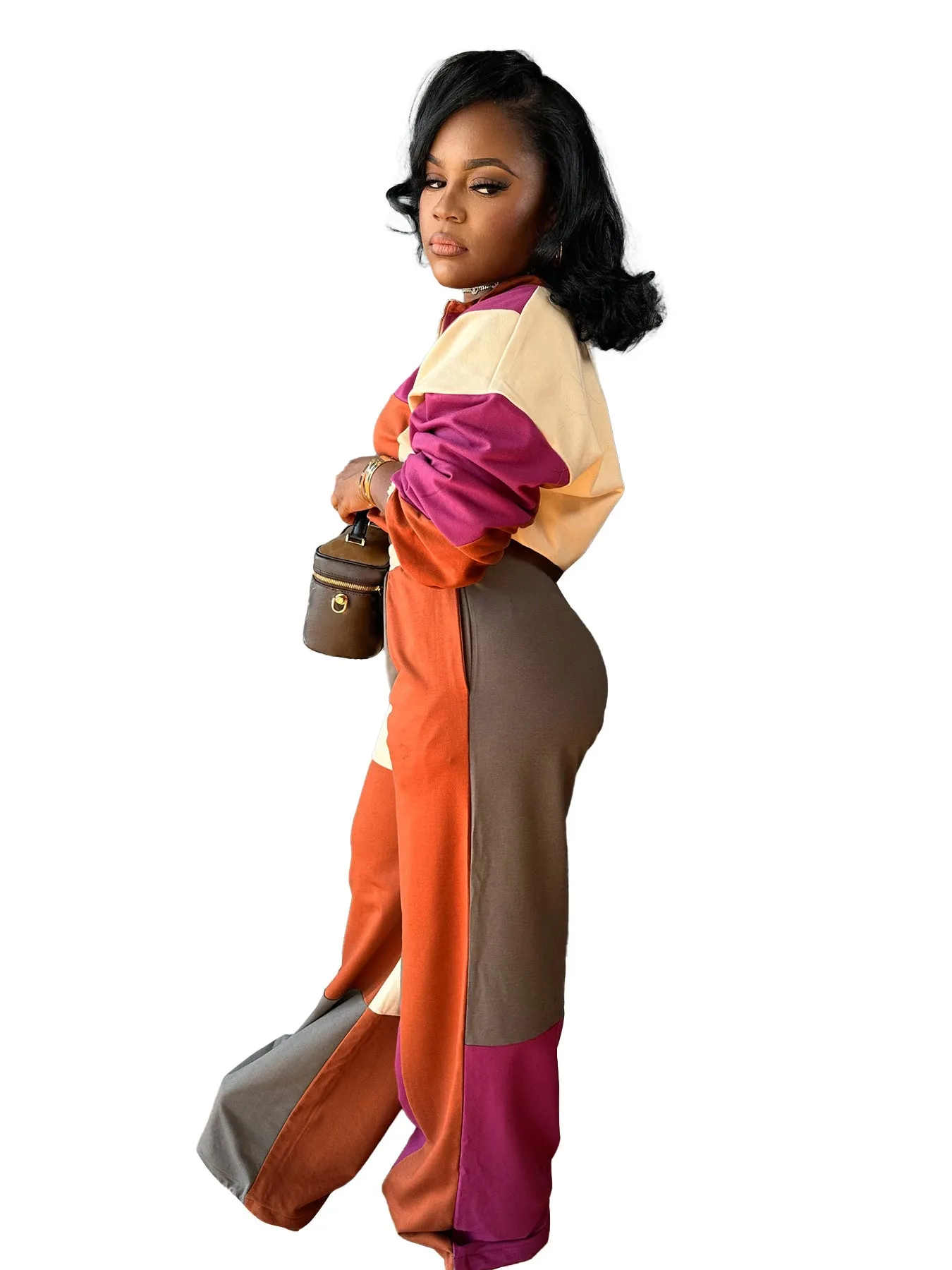 Colorblocked Zipper Pullover and Wide-Leg Pants Two-Piece Set