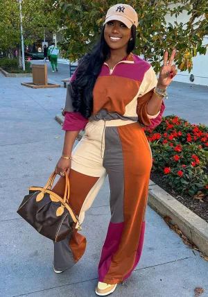 Colorblocked Zipper Pullover and Wide-Leg Pants Two-Piece Set