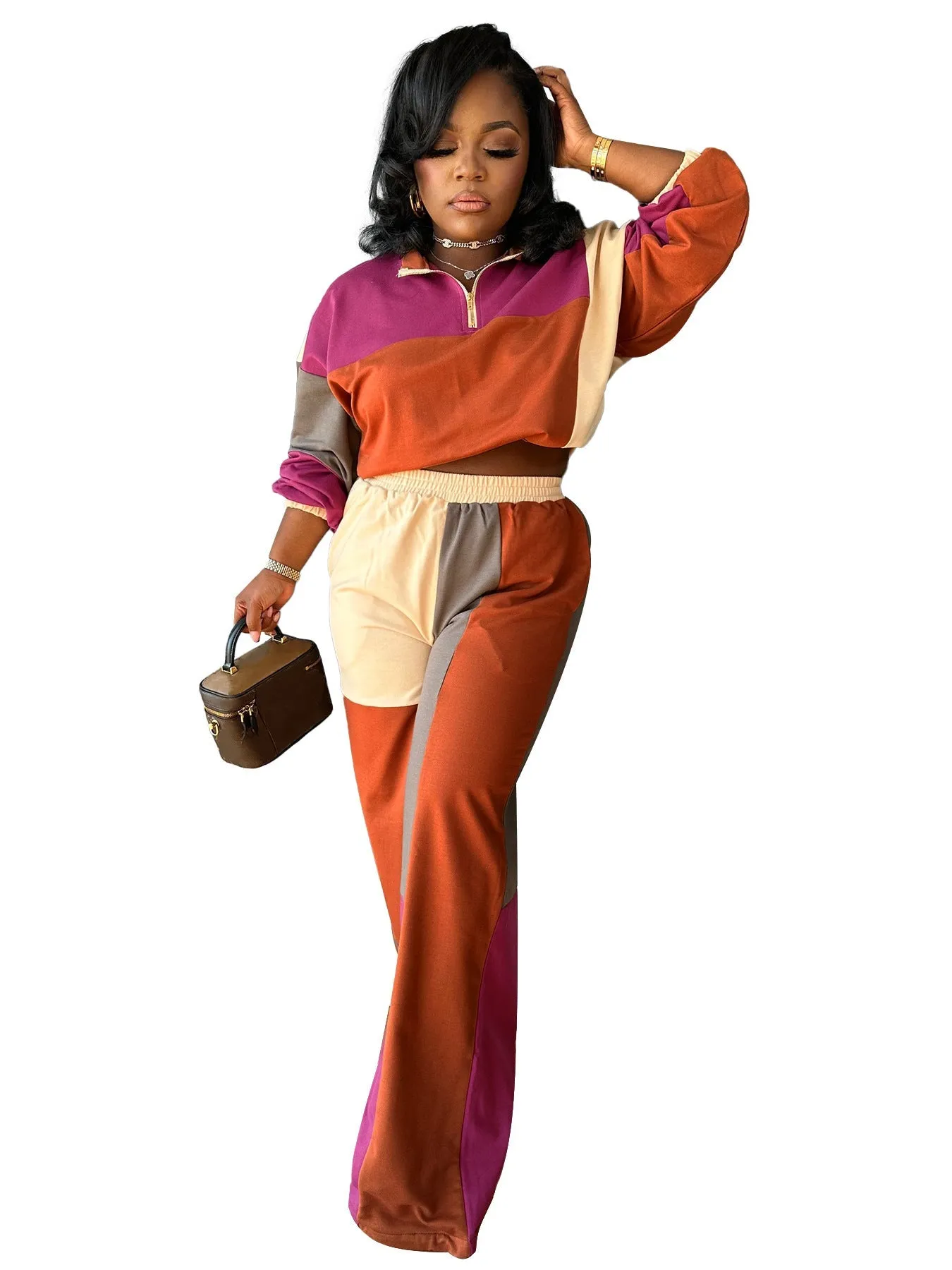 Colorblocked Zipper Pullover and Wide-Leg Pants Two-Piece Set