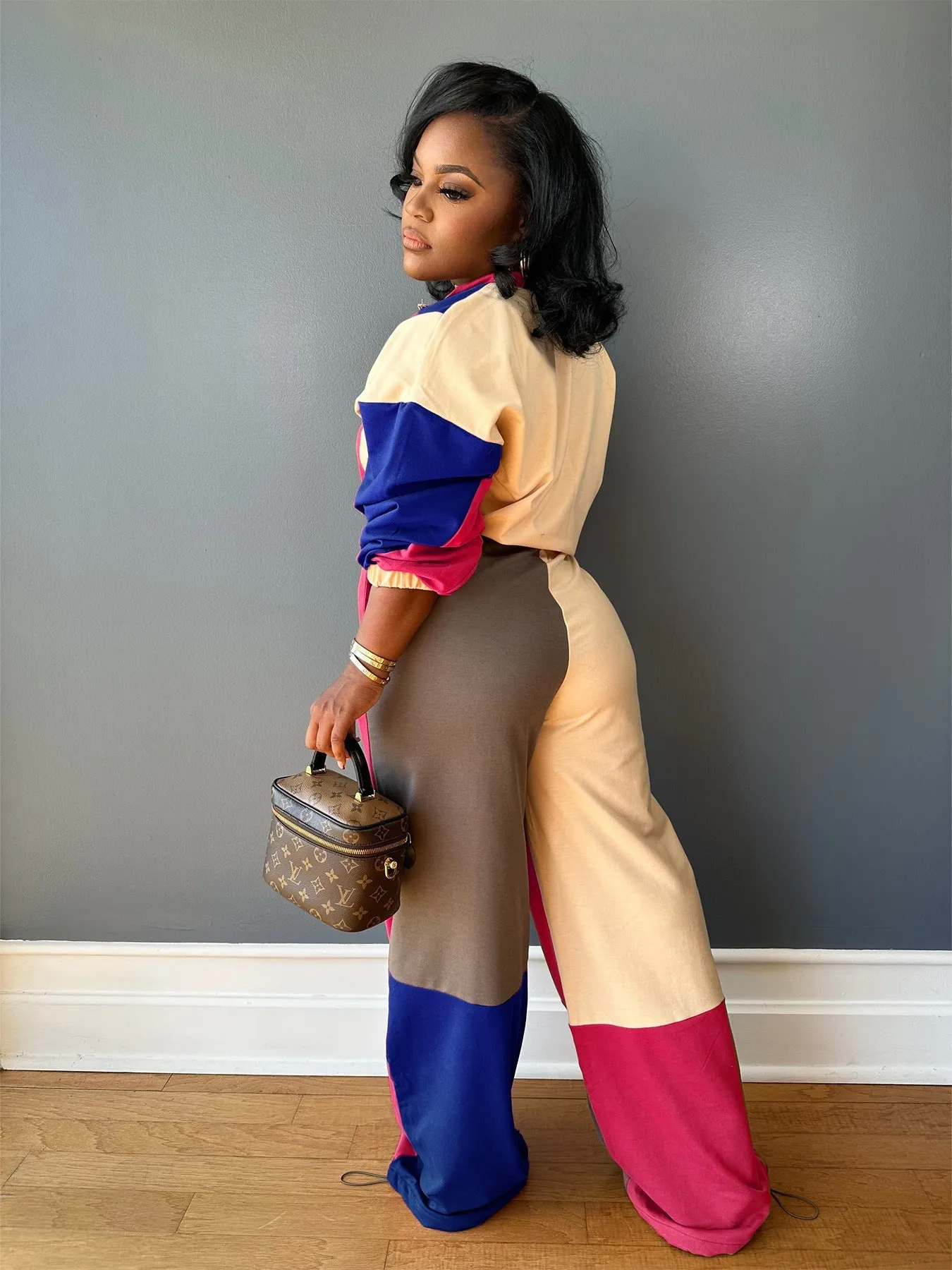 Colorblocked Zipper Pullover and Wide-Leg Pants Two-Piece Set