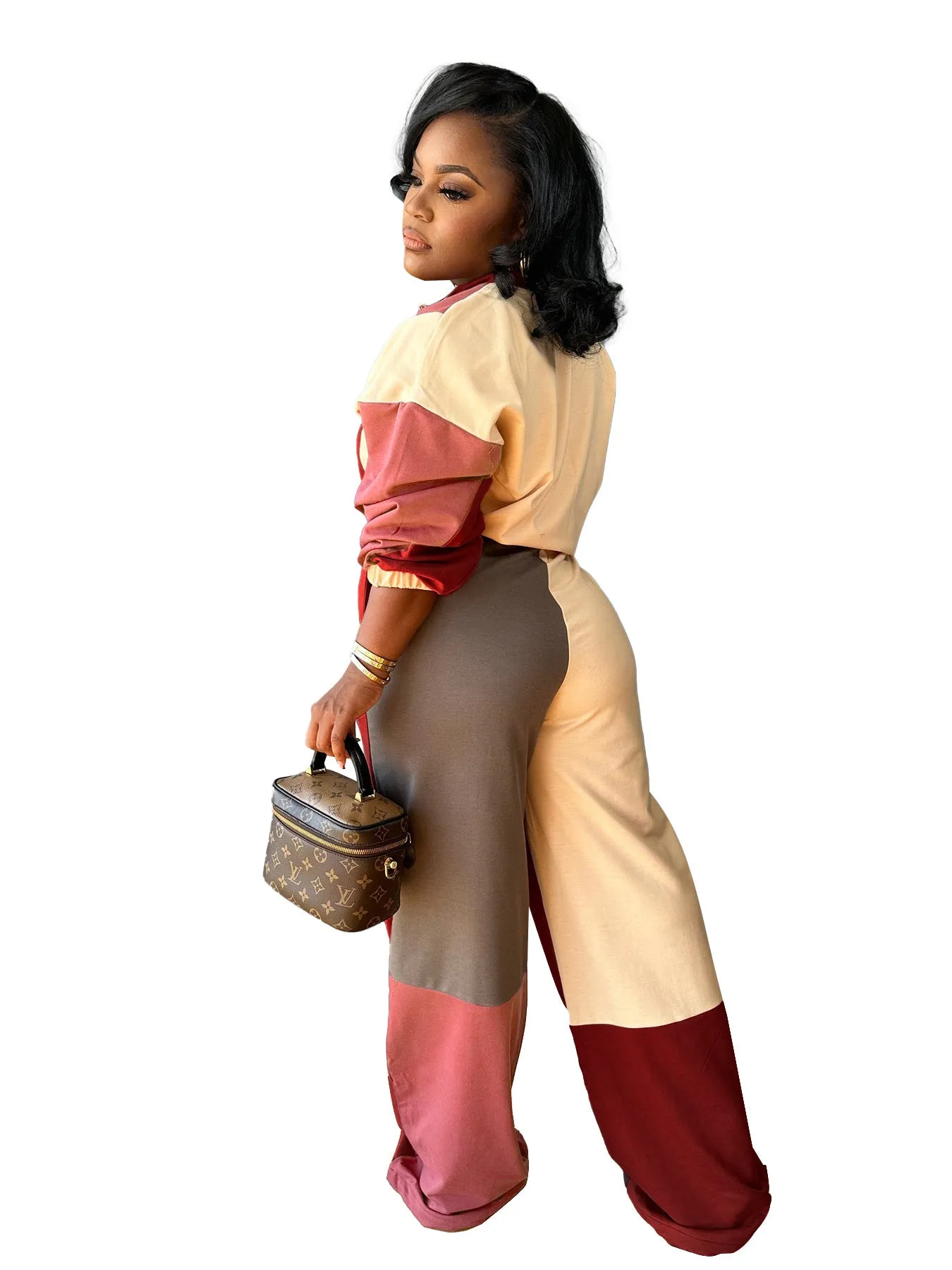 Colorblocked Zipper Pullover and Wide-Leg Pants Two-Piece Set