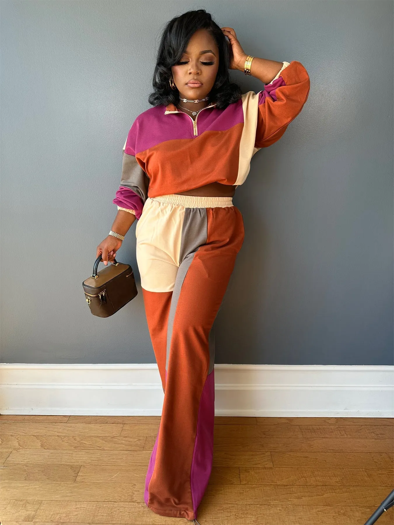 Colorblocked Zipper Pullover and Wide-Leg Pants Two-Piece Set