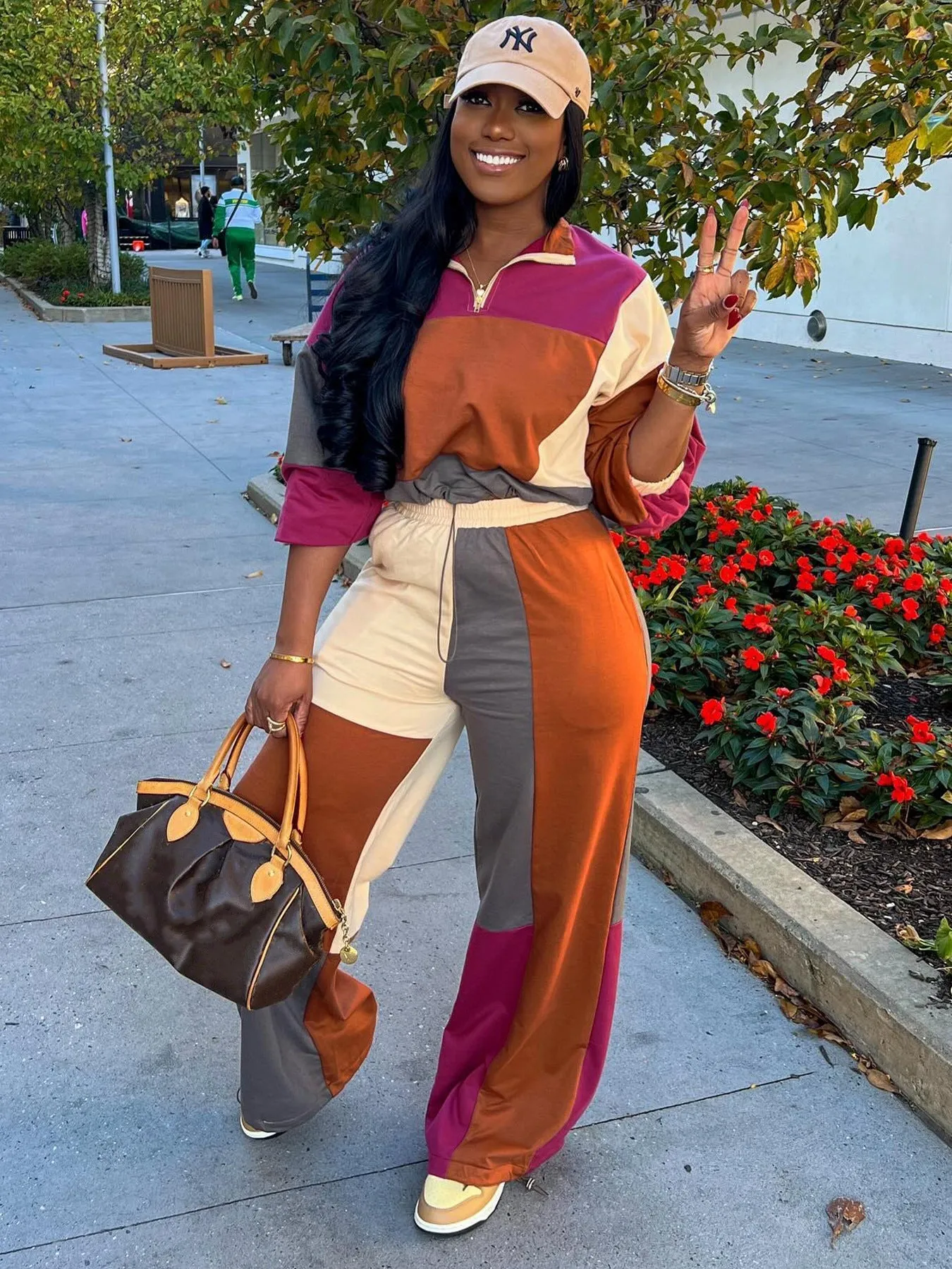 Colorblocked Zipper Pullover and Wide-Leg Pants Two-Piece Set