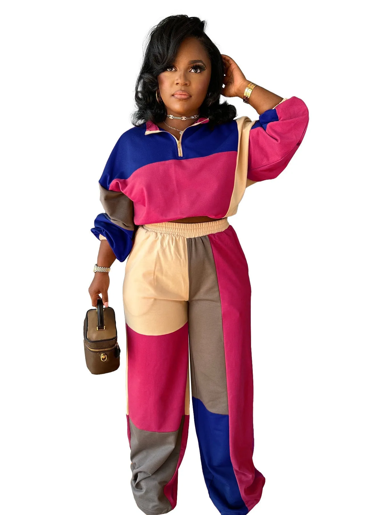 Colorblocked Zipper Pullover and Wide-Leg Pants Two-Piece Set