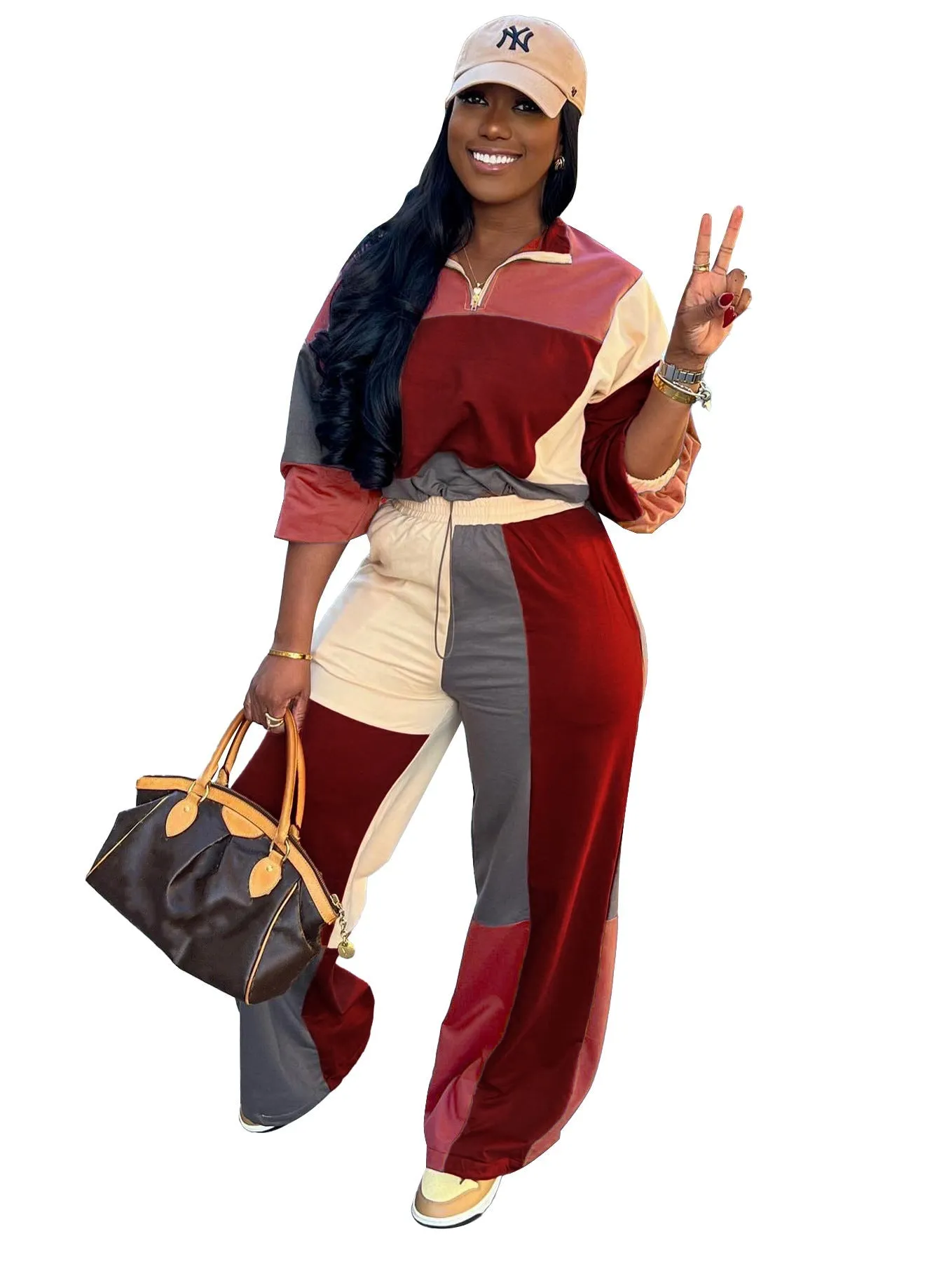 Colorblocked Zipper Pullover and Wide-Leg Pants Two-Piece Set