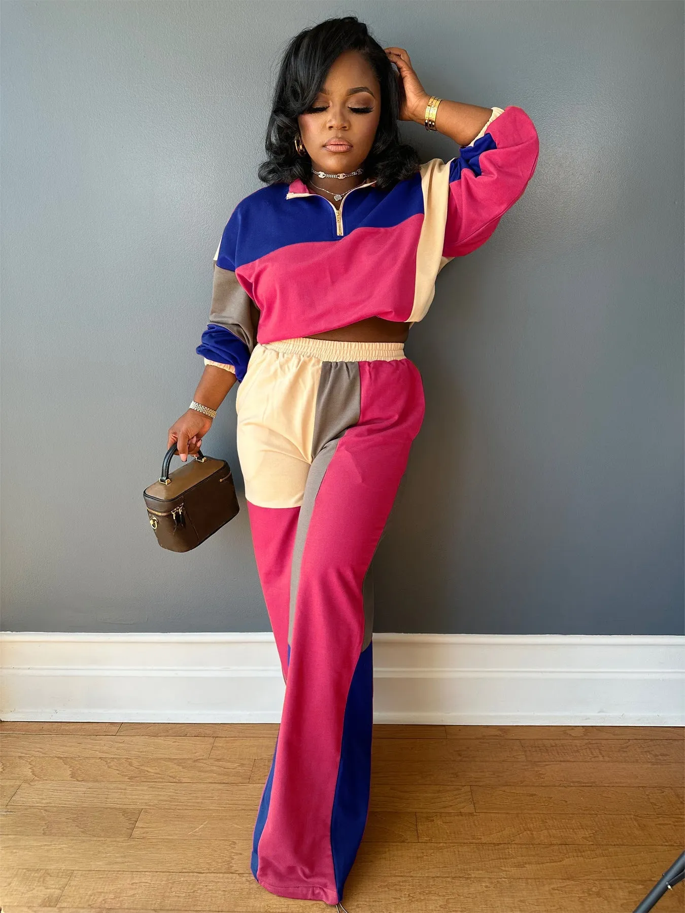 Colorblocked Zipper Pullover and Wide-Leg Pants Two-Piece Set