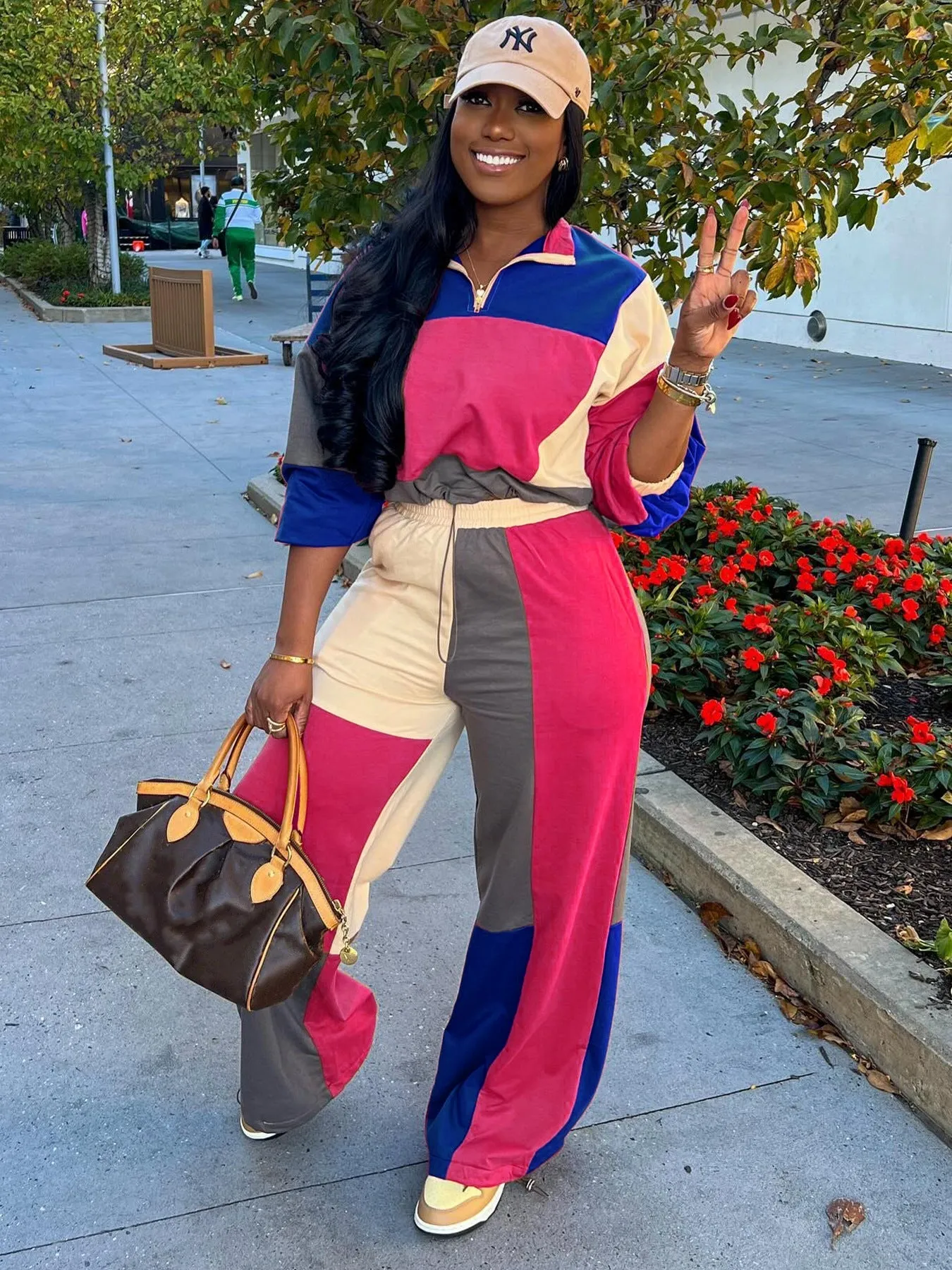 Colorblocked Zipper Pullover and Wide-Leg Pants Two-Piece Set