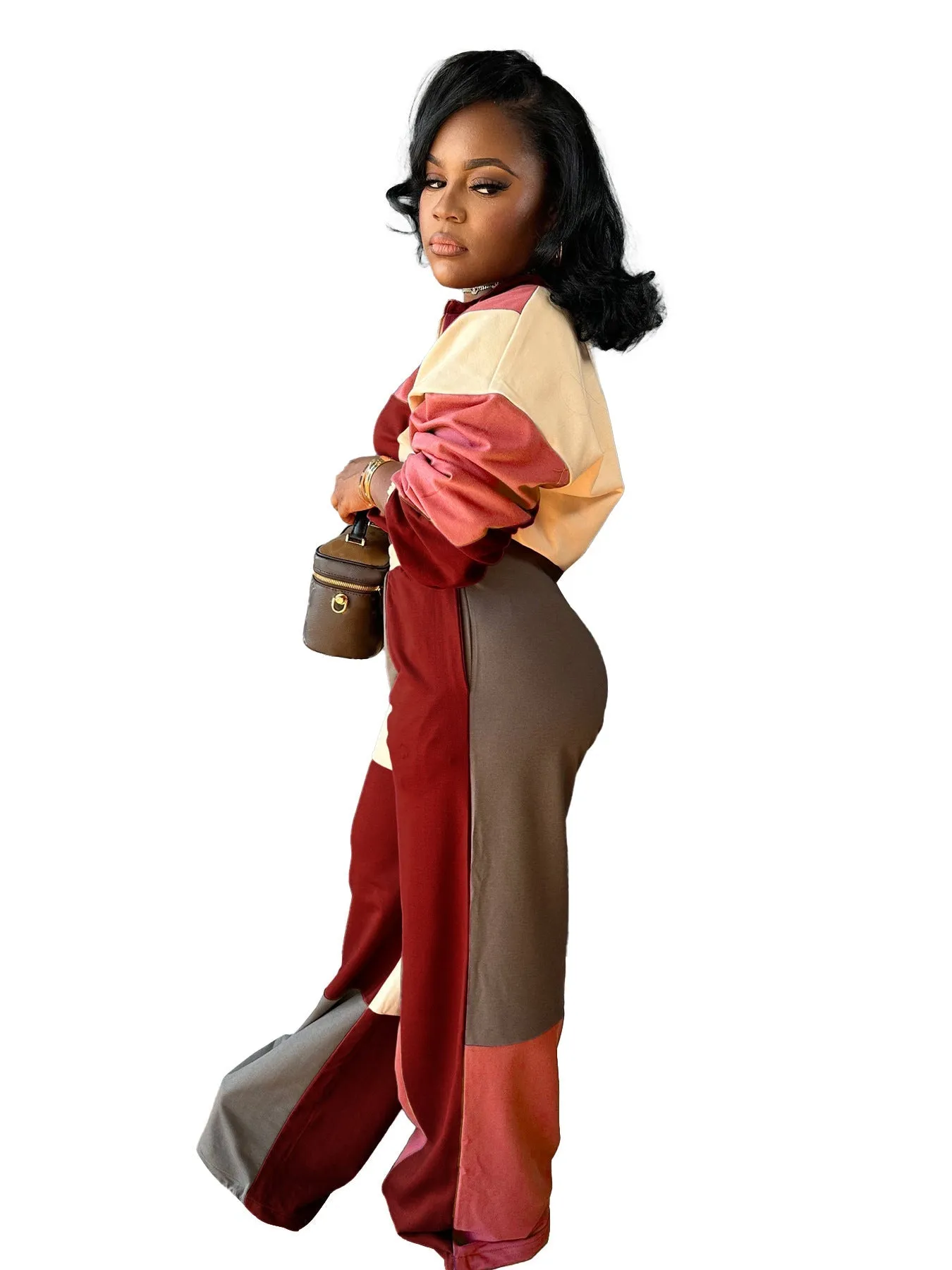 Colorblocked Zipper Pullover and Wide-Leg Pants Two-Piece Set