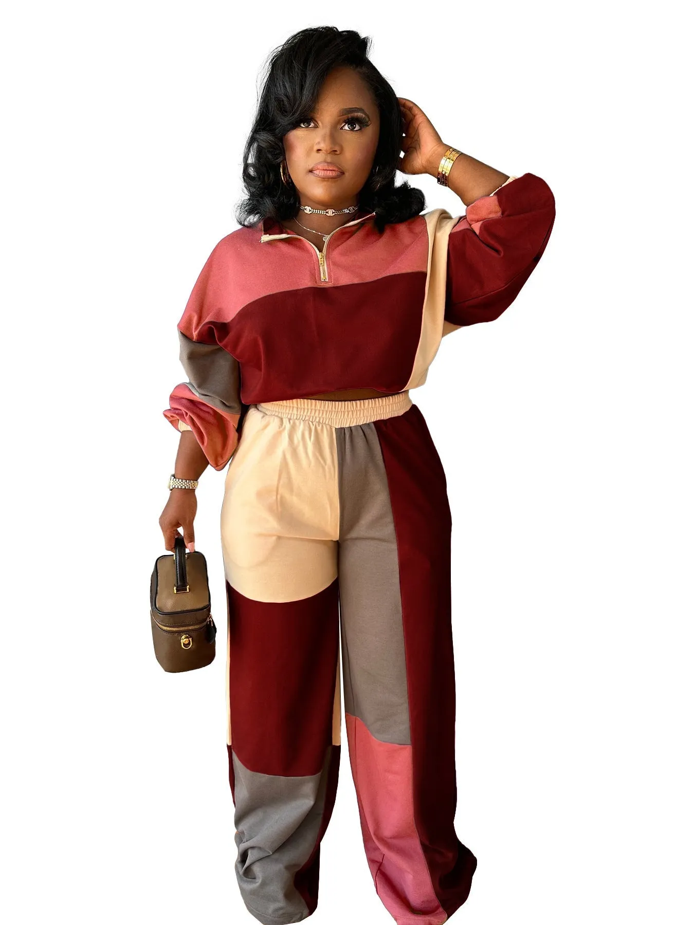 Colorblocked Zipper Pullover and Wide-Leg Pants Two-Piece Set