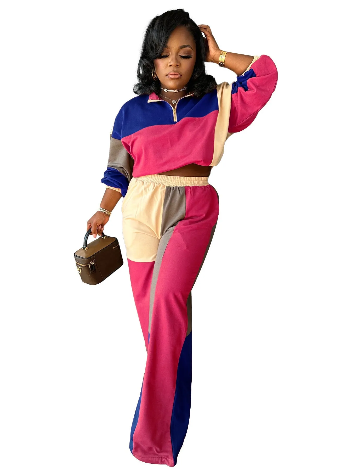 Colorblocked Zipper Pullover and Wide-Leg Pants Two-Piece Set