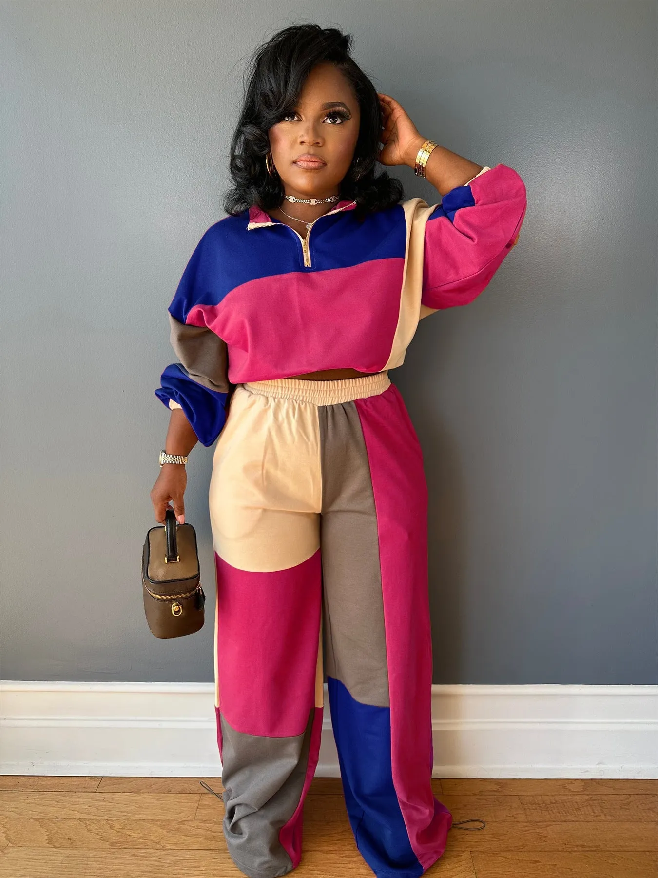 Colorblocked Zipper Pullover and Wide-Leg Pants Two-Piece Set