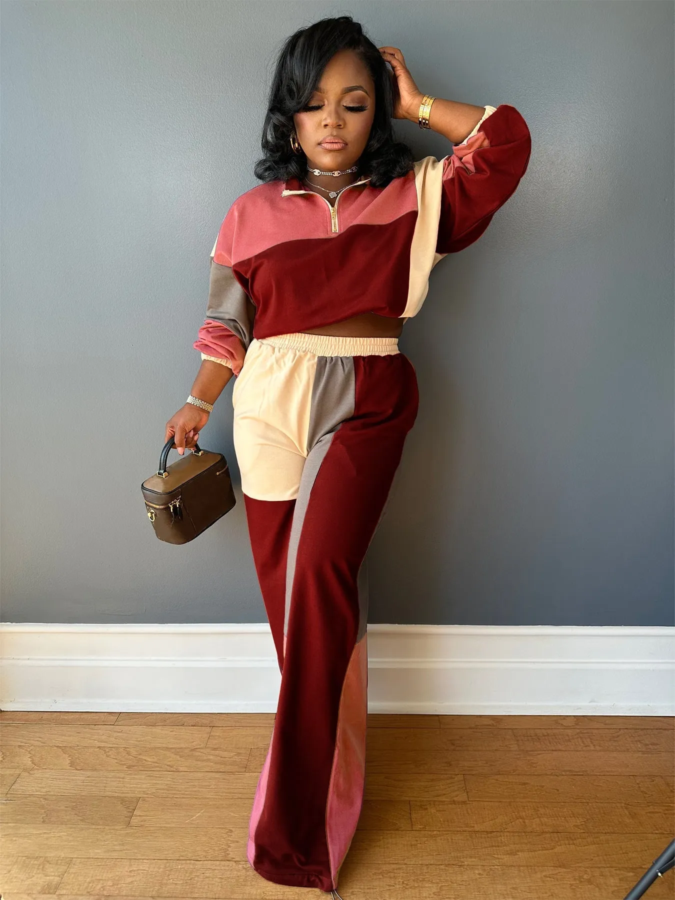 Colorblocked Zipper Pullover and Wide-Leg Pants Two-Piece Set