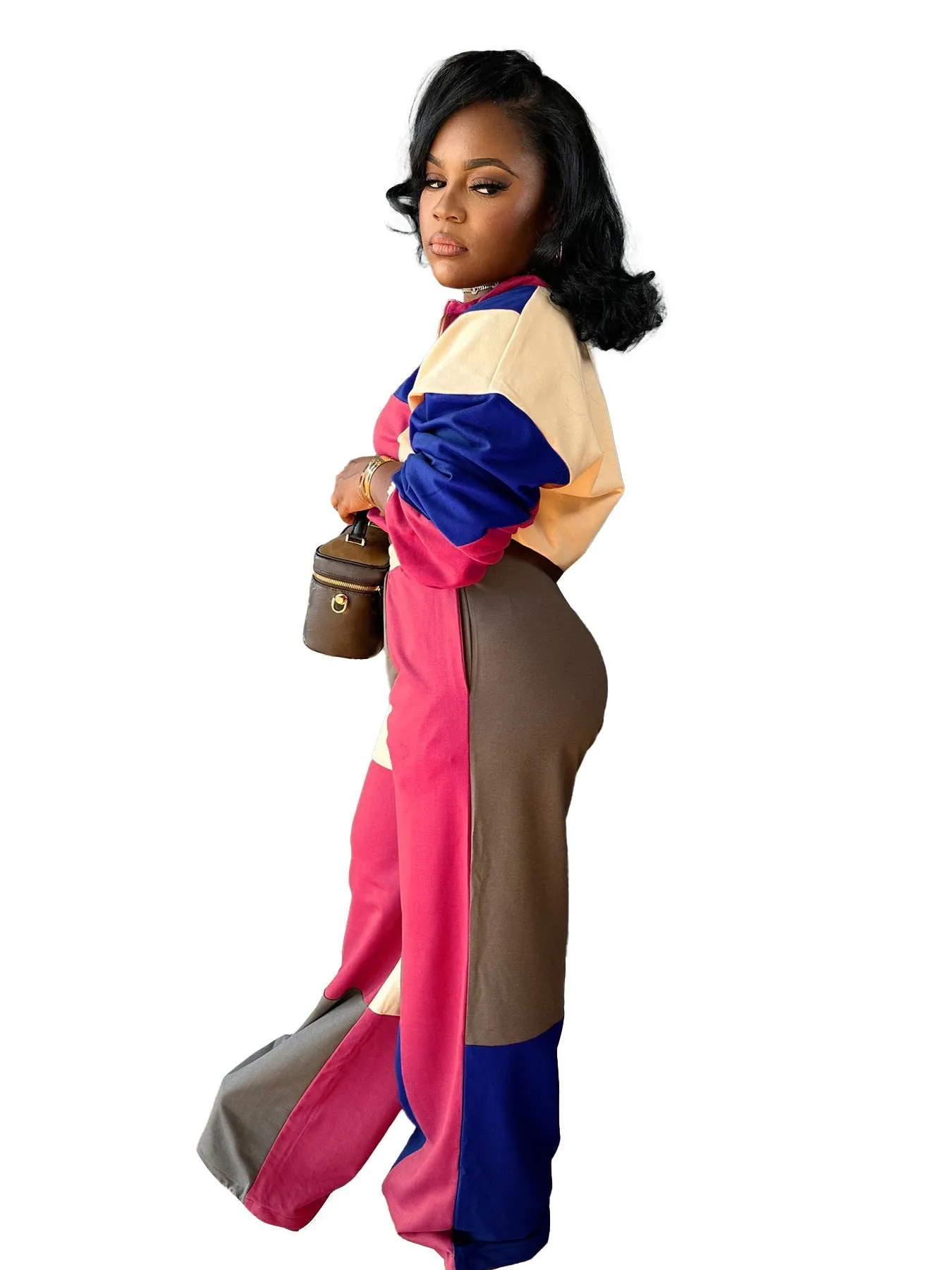 Colorblocked Zipper Pullover and Wide-Leg Pants Two-Piece Set