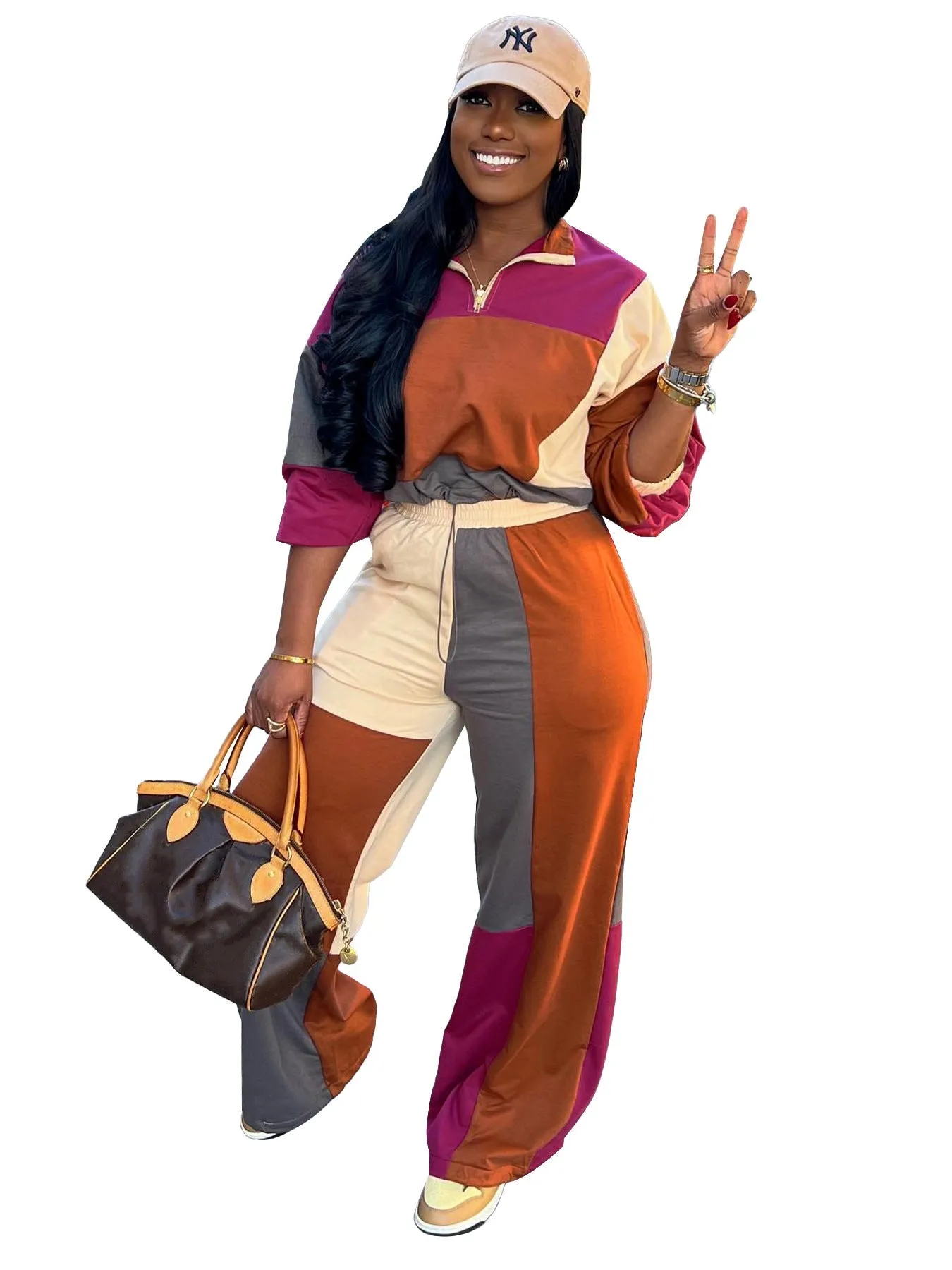 Colorblocked Zipper Pullover and Wide-Leg Pants Two-Piece Set