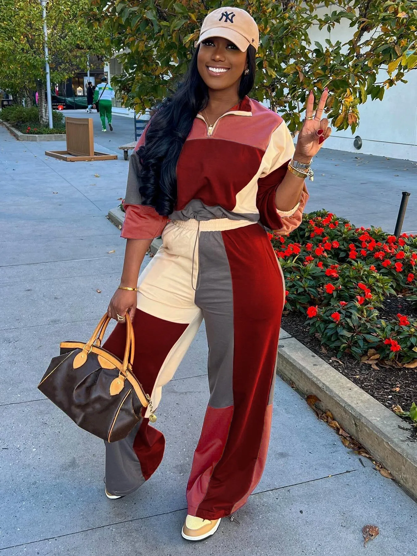 Colorblocked Zipper Pullover and Wide-Leg Pants Two-Piece Set