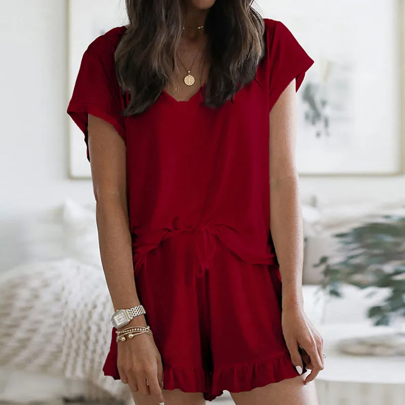 Cozy Bliss V-Neck Ruffle Hem Lounge Set