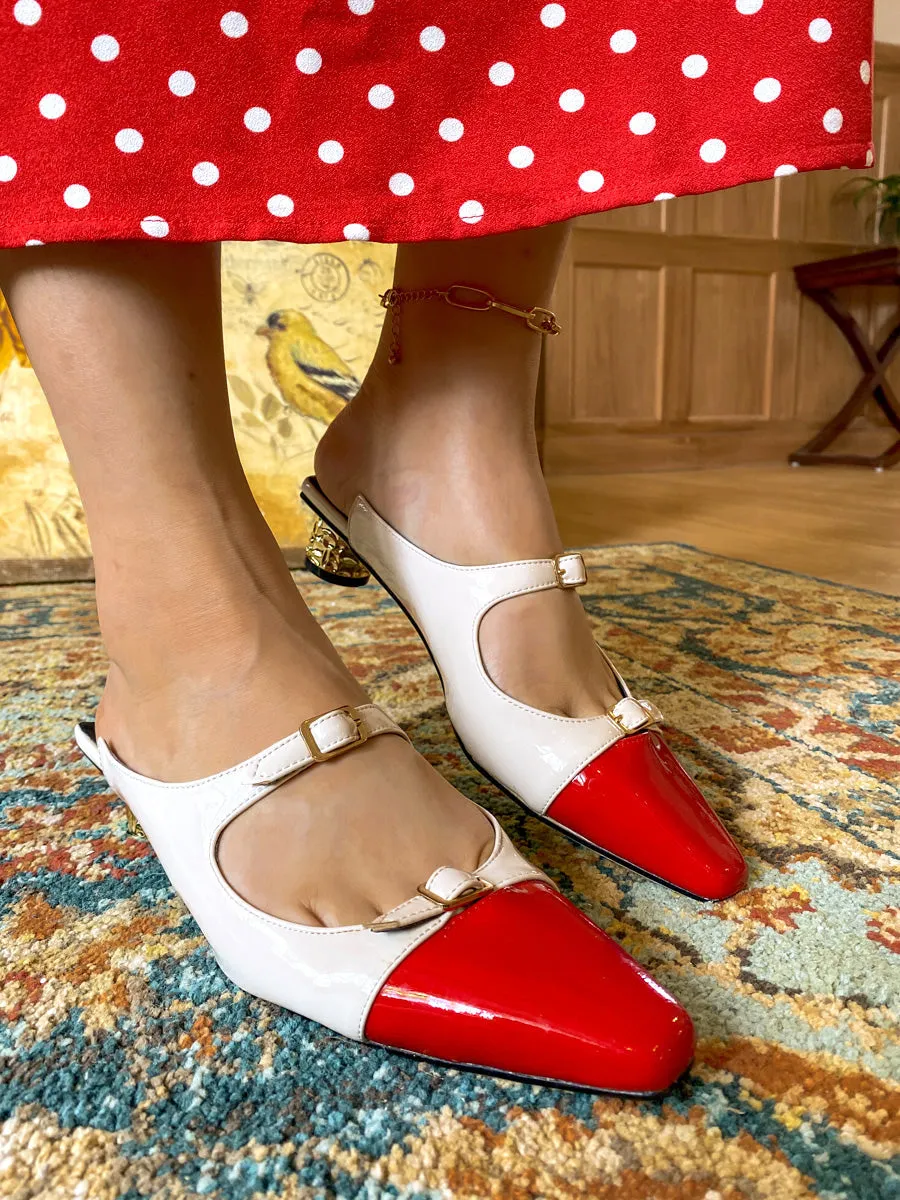 Double Strap Dalena Low-Heel Mule - Beige Red