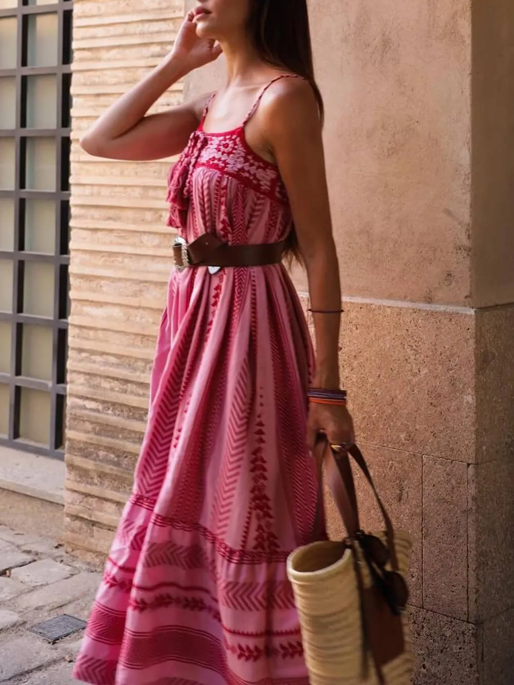 Ethnic Style Crochet Patchwork Graceful Knitted Slip Maxi Dress