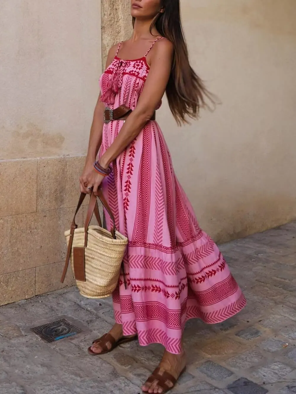 Ethnic Style Crochet Patchwork Graceful Knitted Slip Maxi Dress
