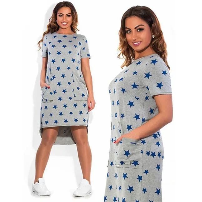 Fashion Print Star summer women dresses big sizes plus size women clothing Knee-Length dress casual o-neck loose dress