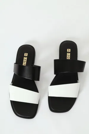 Flat Basic Double Strap Block Mule Sandal - Black/White