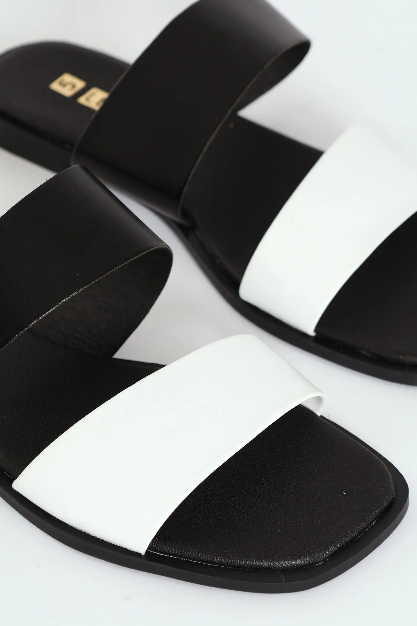 Flat Basic Double Strap Block Mule Sandal - Black/White