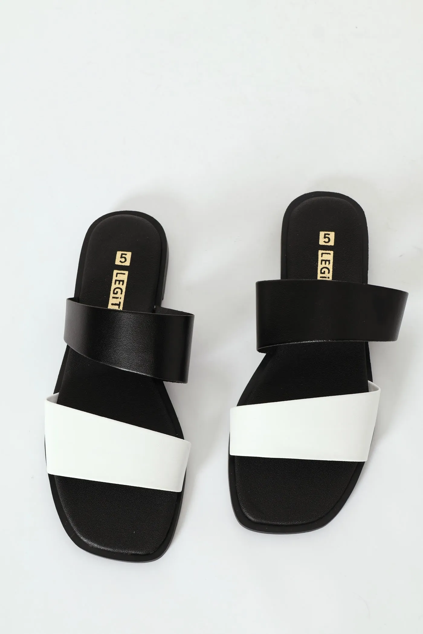 Flat Basic Double Strap Block Mule Sandal - Black/White