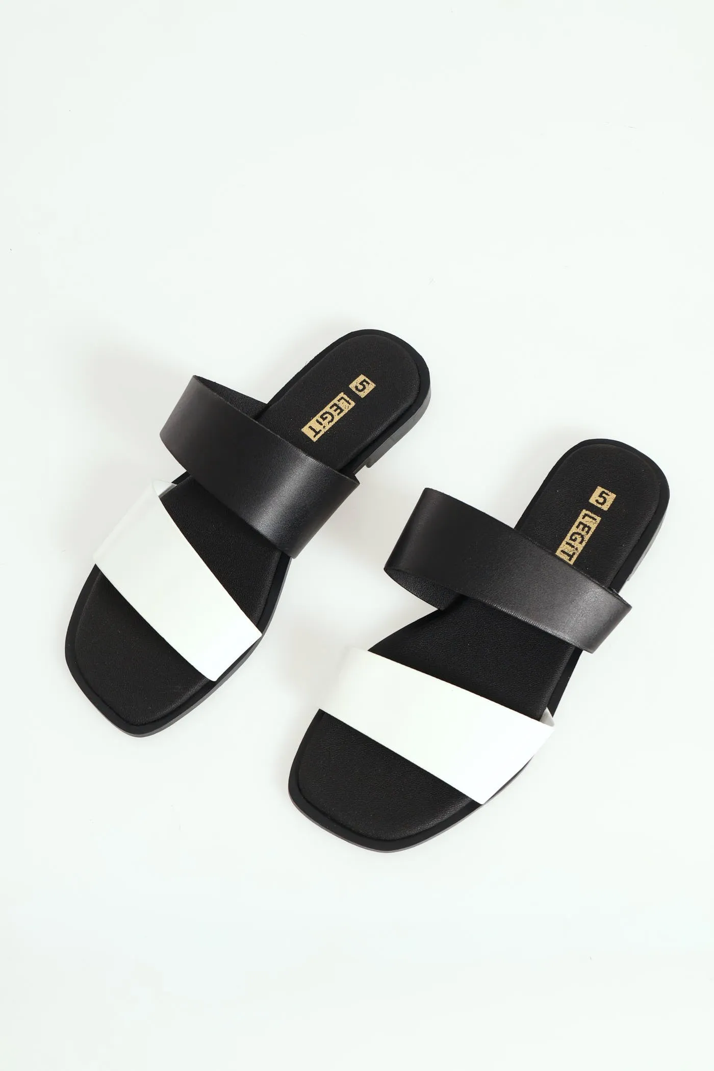 Flat Basic Double Strap Colour Block Mule Sandal - Black/White