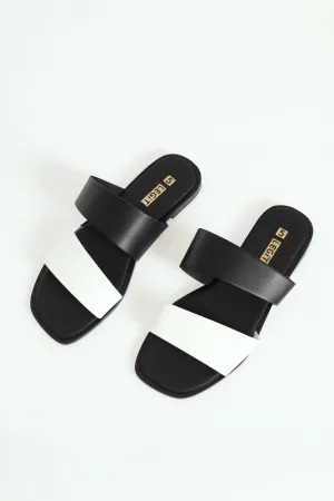 Flat Basic Double Strap Colour Block Mule Sandal - Black/White