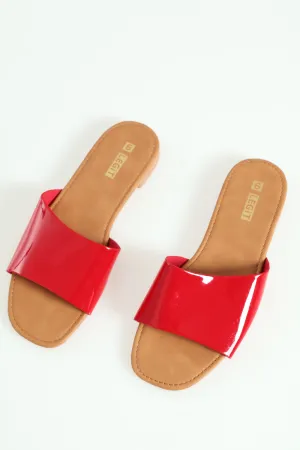 Flat Basic One Strap Asymmetrical Push In Mule Sandal - Red