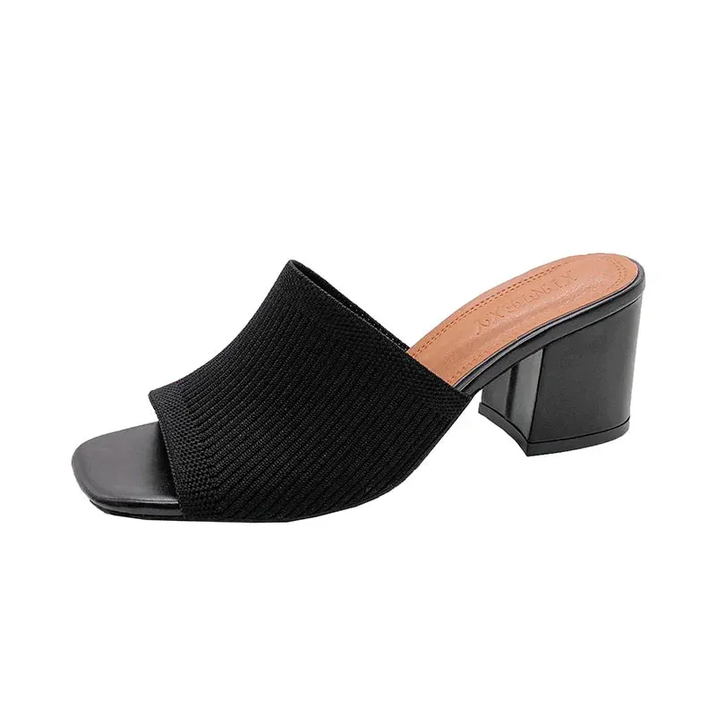 Flyknit High Heel Sandals Women Knitted Breathable Thick Heel Women Slippers Open Toe Fashion Sandals