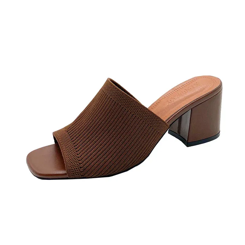 Flyknit High Heel Sandals Women Knitted Breathable Thick Heel Women Slippers Open Toe Fashion Sandals