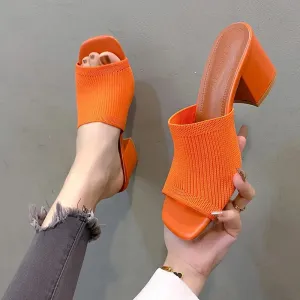 Flyknit High Heel Sandals Women Knitted Breathable Thick Heel Women Slippers Open Toe Fashion Sandals