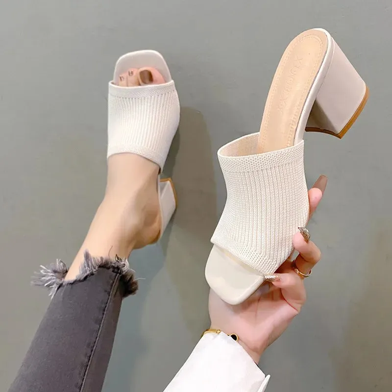 Flyknit High Heel Sandals Women Knitted Breathable Thick Heel Women Slippers Open Toe Fashion Sandals