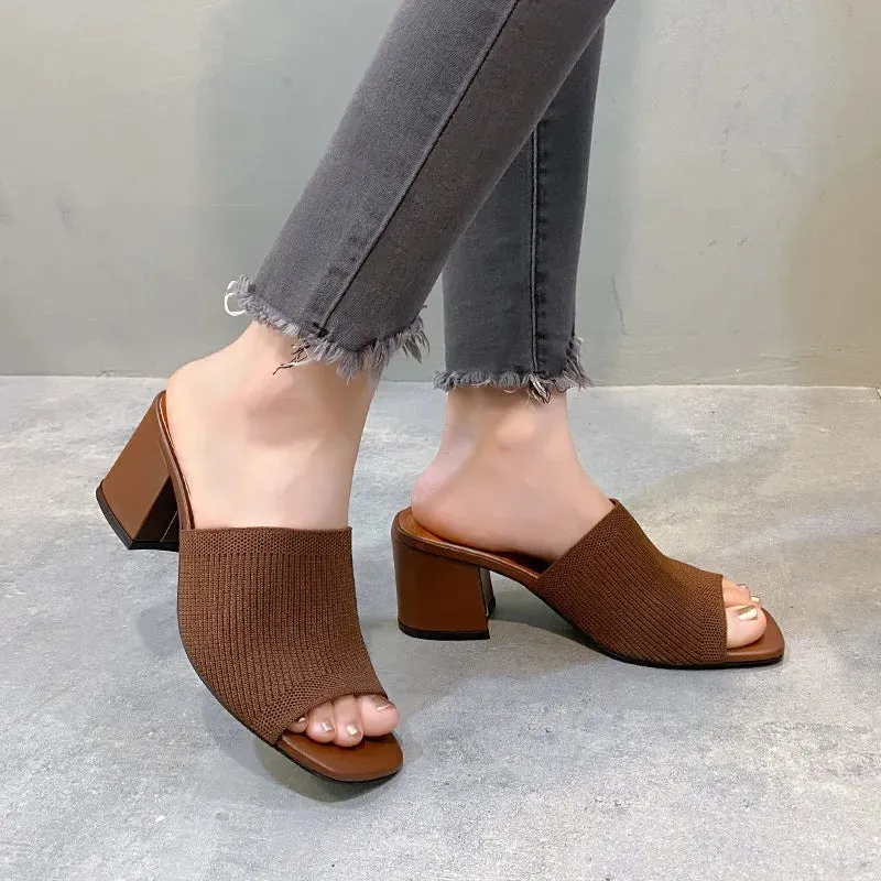 Flyknit High Heel Sandals Women Knitted Breathable Thick Heel Women Slippers Open Toe Fashion Sandals