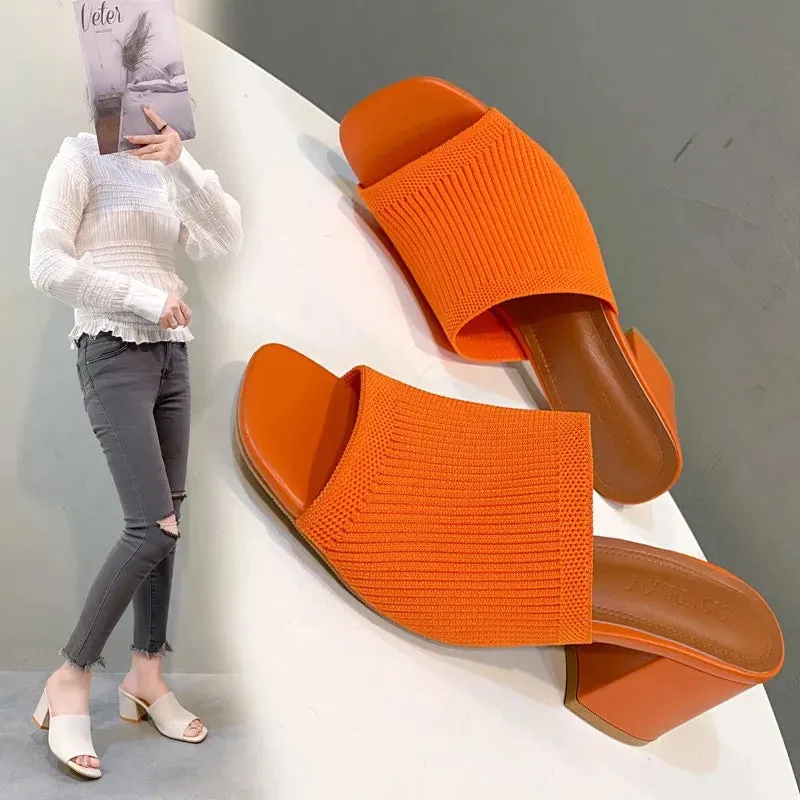 Flyknit High Heel Sandals Women Knitted Breathable Thick Heel Women Slippers Open Toe Fashion Sandals