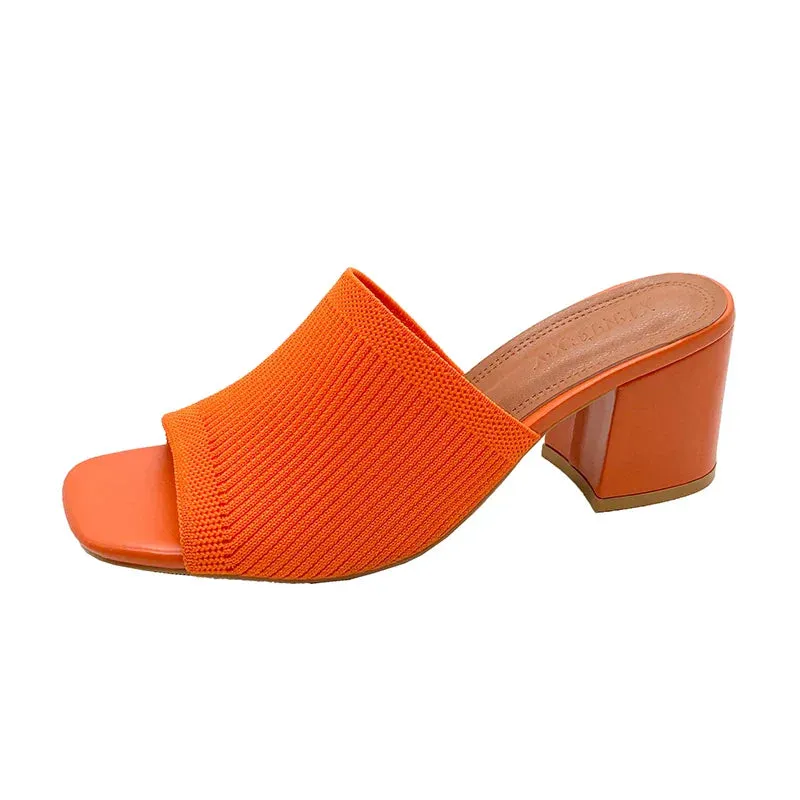 Flyknit High Heel Sandals Women Knitted Breathable Thick Heel Women Slippers Open Toe Fashion Sandals